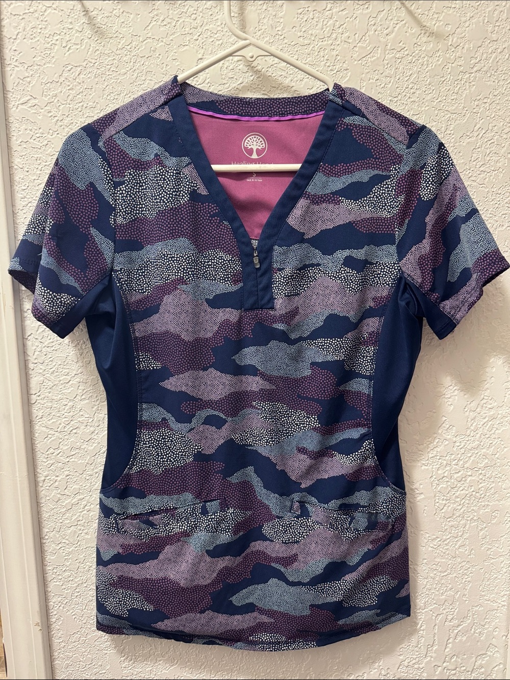 Healing Hands V-Neck Zip Scrub Top in Navy & Purple Camo Print